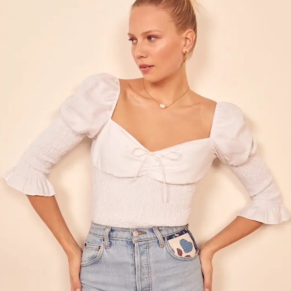Reformation Haven Linen Smocked 3/4 Sleeve Top, White, Sz Small